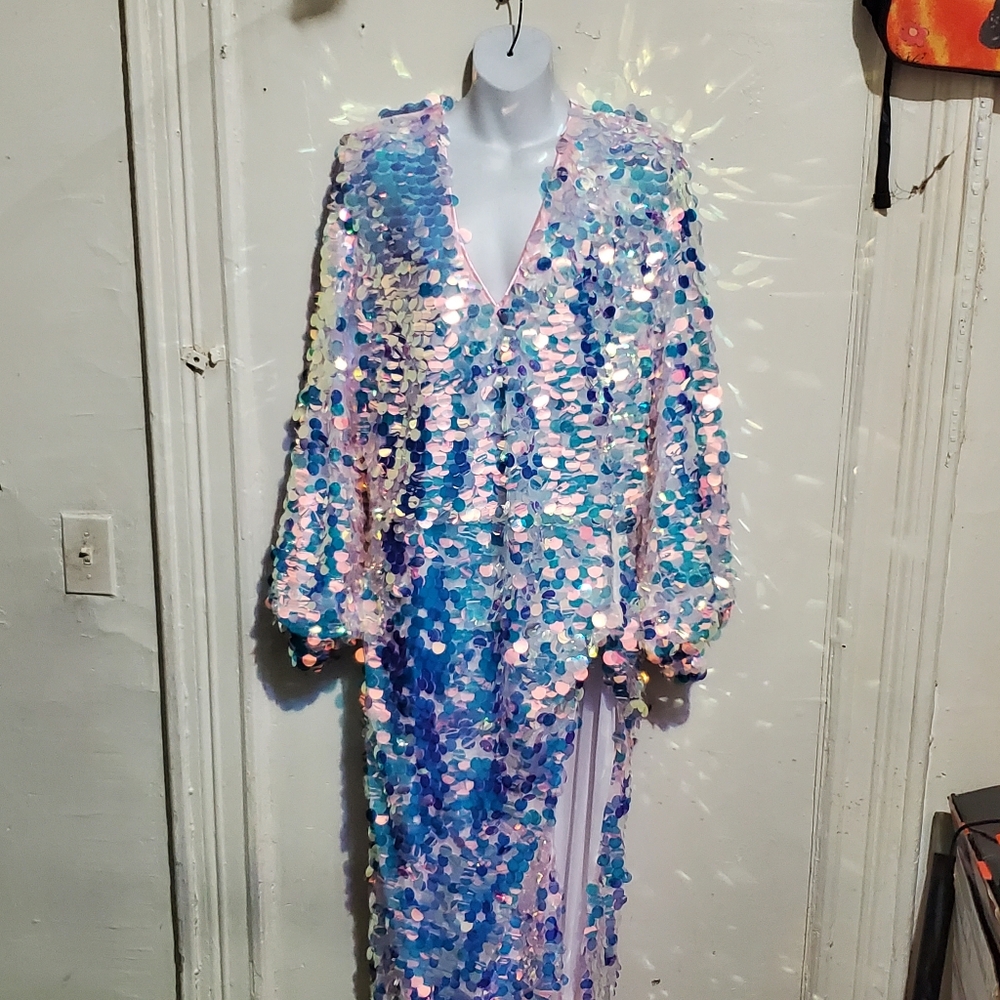 Pink and Blue Sequin Embellished Gown with Plunge Neckline